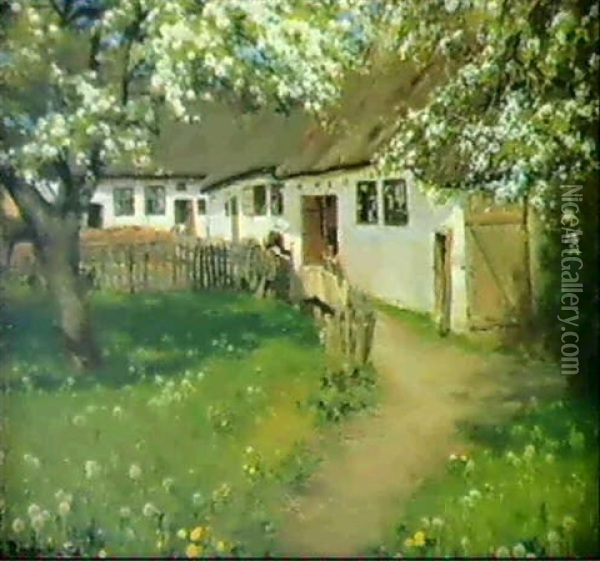 En Sommerdag Bag Bondegarden Med Nyudsprunge Frugttraeer Og Blomstrende Maelkebotter Oil Painting - Hans Andersen Brendekilde