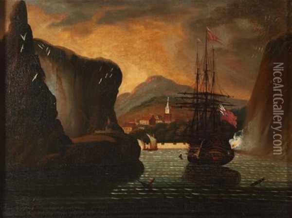British Ship In Harbor Oil Painting - Thomas Chambers