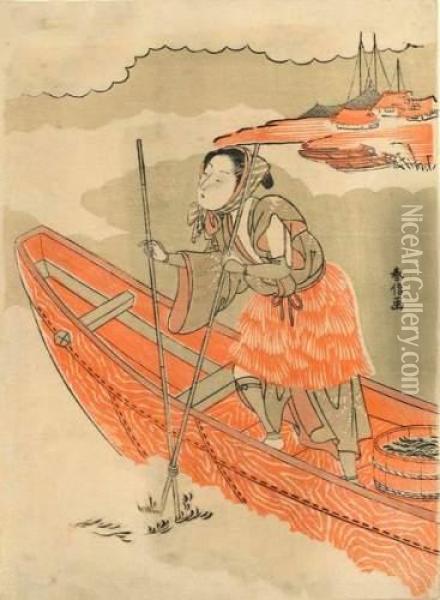 Le Pecheur De Goemon Dirige Sa Barque Vers Un Village. Oil Painting - Suzuki Harunobu