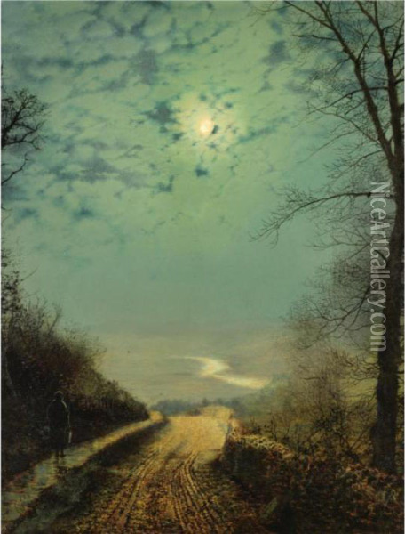 A Wet Road By Moonlight, Wharfedale Oil Painting - John Atkinson Grimshaw