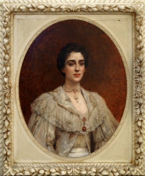 Portrait Of A Lady, Half-length In A Cream Dress Oil Painting - Leon Francois Comerre