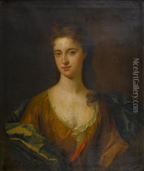 Portrait Of A Lady, Half-length, In A Brown Dress With A Blue Satin Wrap And A White Chemisel Oil Painting - Jonathan Richardson