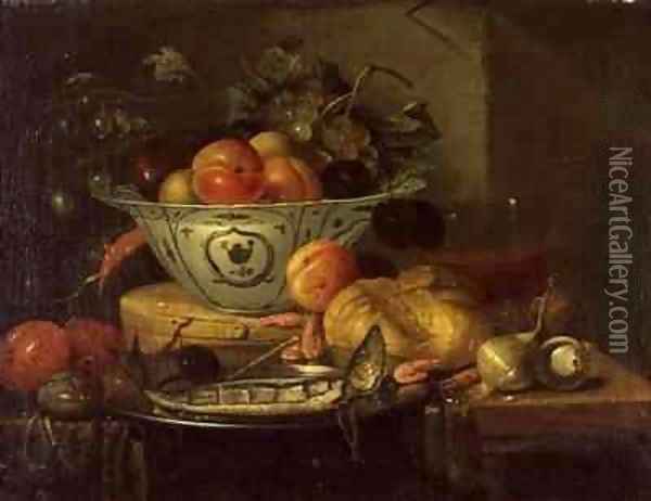 Still life with fruit a blue and white porcelain bowl a herring on a pewter plate a glass beaker shrimps and onions Oil Painting - Gerhardt van Duynen