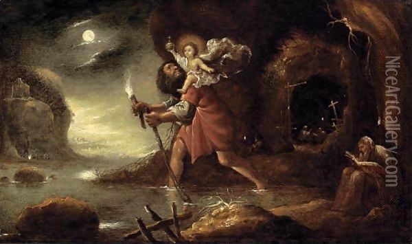 Saint Christopher Carrying Christ On His Shoulders Across The River Oil Painting - Rombout Van Troyen