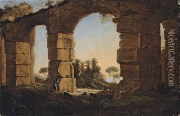 An Italianate Evening Landscape With A Shepherd And His Flock By A Ruined Aqueduct Oil Painting - Claude Lorrain