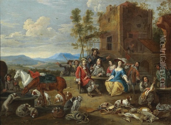 A Hunting Party Resting In A Southern Landscape Oil Painting - Jan van den Hecke the Elder