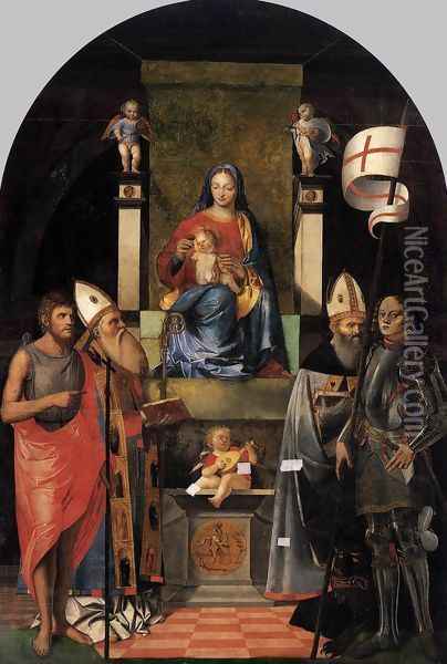 Virgin and Child Enthroned with Saints c.1510 Oil Painting - Giovanni Agostino Da Lodi