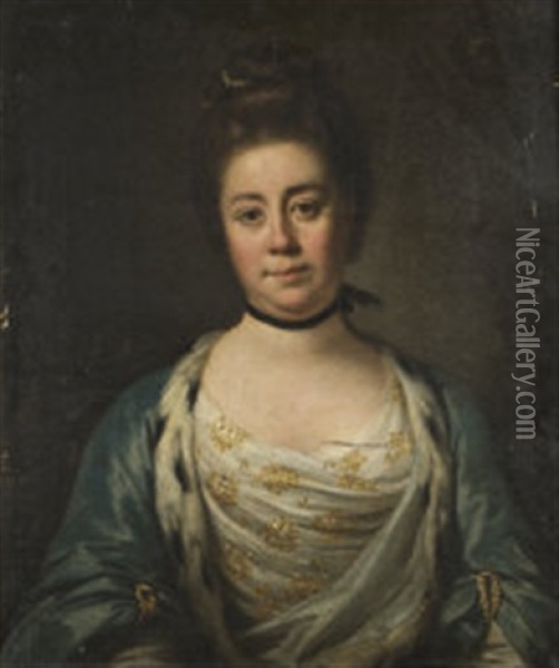 Portrait Of A Lady, With Pearls In Her Hair And Wearing A Filigree Embroidered Dress And Blue Silk, Fur Lined Cape Oil Painting - Nathaniel Hone the Elder