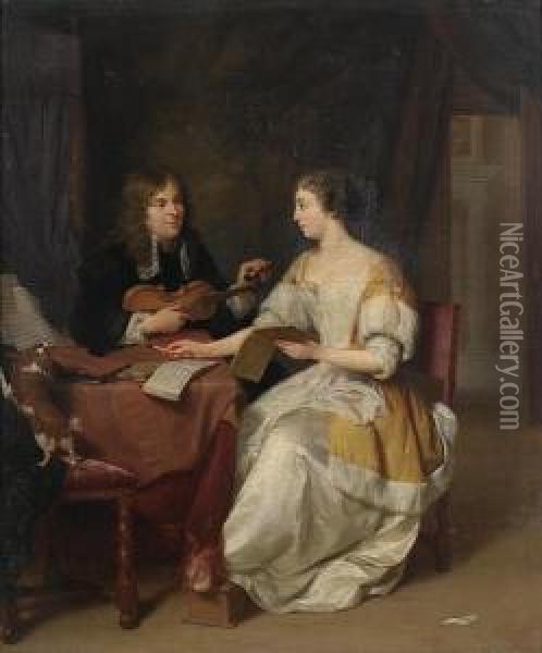 An Elegant Couple Making Music In Aninterior Oil Painting - Jan Verkolje