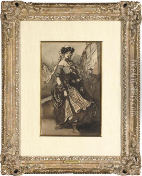 A Lady Standing In The Street Oil Painting - Constantin Guys
