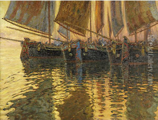 Tramonto, Barche Attraccate Oil Painting - Ugo Flumiani