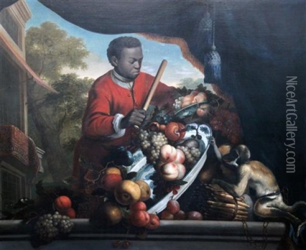 Still Life With A Black Pageboy Scolding A Monkey Overturning A Charger Of Fruit Oil Painting - William Jones