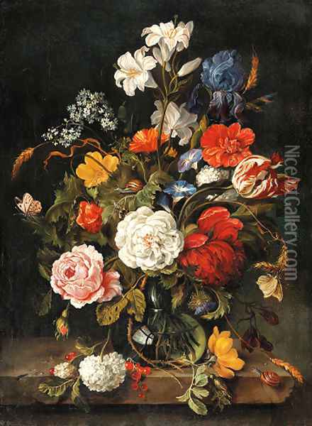 Roses, lilies, a parrot tulip, an iris and other flowers in a glass vase Oil Painting - Dutch School