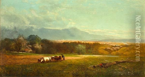 A Farmer With Plough In A Landscape Oil Painting - John Henry Dolph
