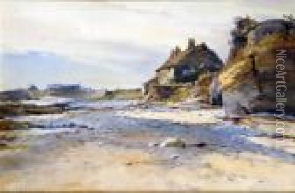A Pair, Cottage In Northumberland, Beadnell Bay And Flamboro Cobbles Oil Painting - Charles William Adderton