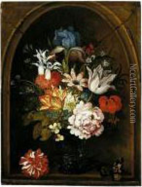 A Still Life Of Tulips, A Rose, 
An Iris, A Fuchsia, Forget-me-nots And Other Flowers In A Berkemeijer 
Glass, Set In A Niche And Flanked With A Carnation And A Butterfly Oil Painting - Balthasar Van Der Ast