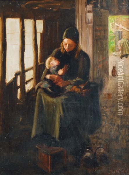 Young Mother With Child Oil Painting - Bernardus Johannes Blommers