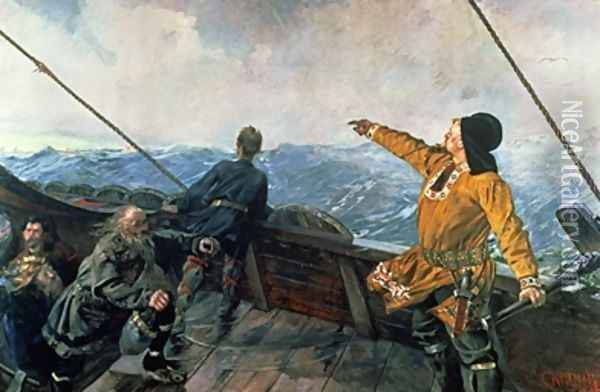 Leif Eriksson sights land in America Oil Painting - Christian Krohg