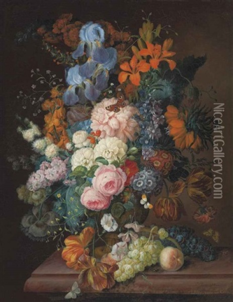 Roses, Peonies, Irises, Violets, And Other Blooms In A Terracotta Urn, And Grapes, Blackcurrants And A Peach On A Table Oil Painting - Franz Xaver Petter