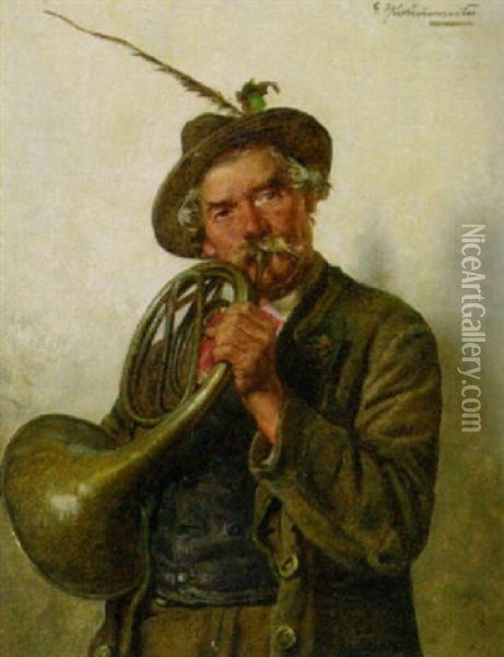 Der Hornblaser Oil Painting - Hugo Kotschenreiter