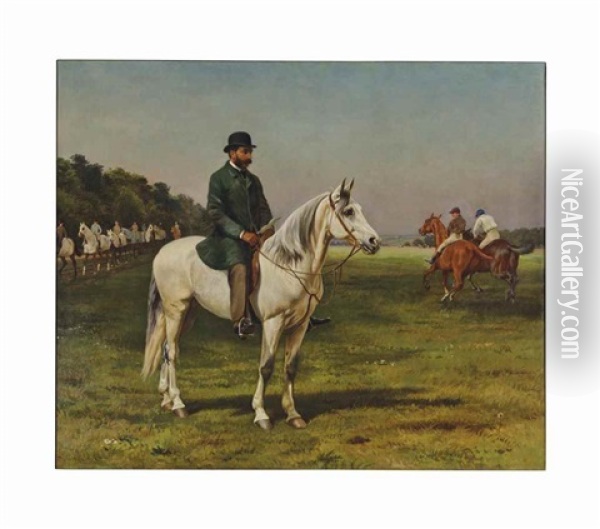 The Limekilns, Newmarket: Captain J.o. Machell On A White Horse With The Jockeys E. Martin And F. Archer Exercising Their Horses Oil Painting - William H. Hopkins and Edmund Havell