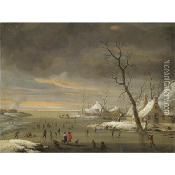 An Extensive Winter Landscape With Skaters On A Frozen River Oil Painting - Jan Abrahamsz. Beerstraten