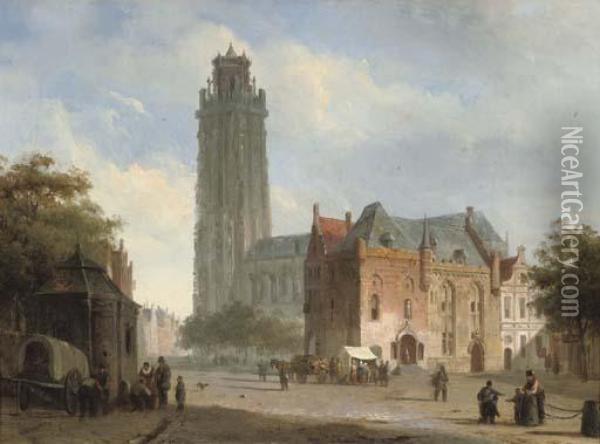 A Sunlit Townsquare With A Cathedral In The Distance Oil Painting - Cornelis Springer