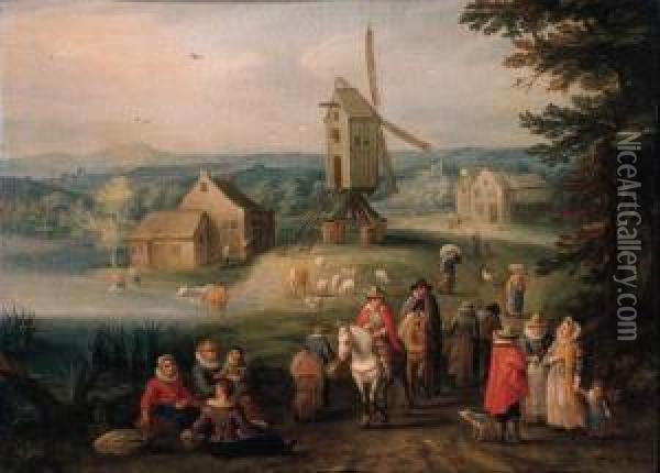 Travellers And Peasants On A Country Road, A Windmill Beyond Oil Painting - Karel Beschey