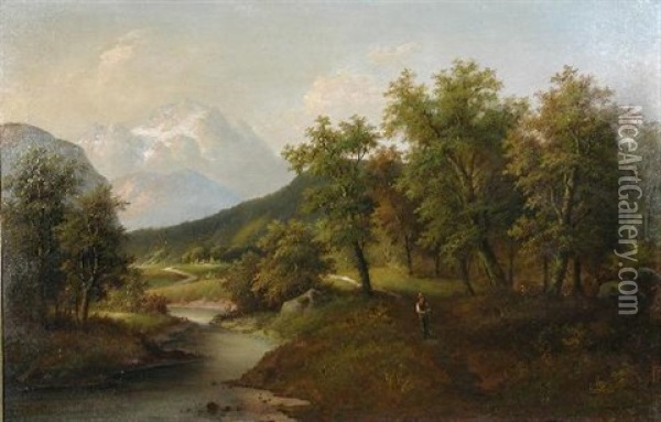 A Mountainous Landscape With A Traveller On A Wooded Lane By A Stream Oil Painting - Eduard Boehm