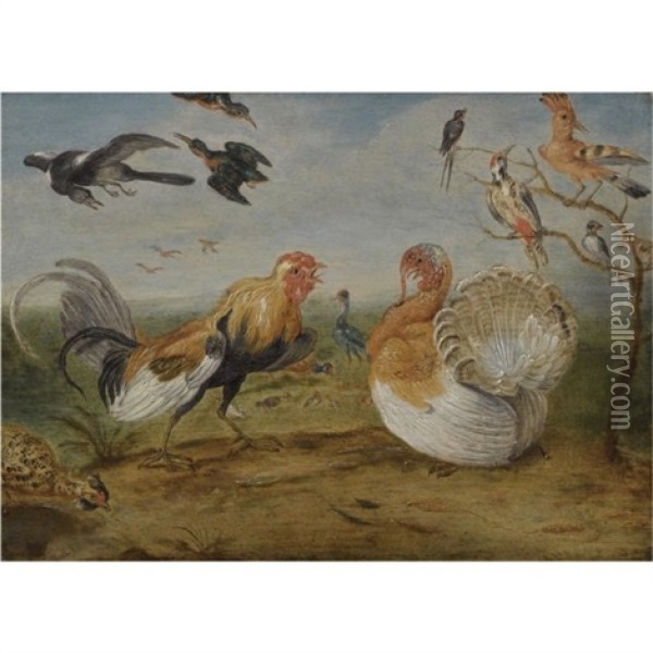 A Landscape With A Cockerel And A Turkey Squabbling, And Other Fowl Oil Painting - Jan van Kessel