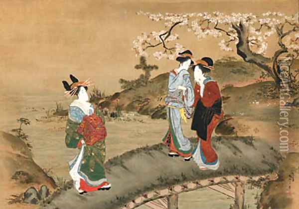 Parody with courtesans of the 'Three Laughers of Tiger Valley' Oil Painting - Katsukawa Shunko