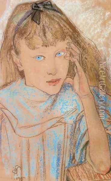 Girl With Blue Eyes Oil Painting - Stanislaw Wyspianski