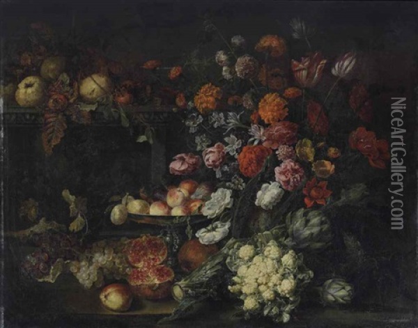 Bouquet De Fleurs, Fruits Et Legumes Sur Une Terrasse Oil Painting - Guilliam Gabron