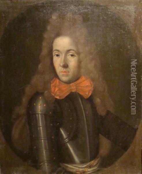 Portrait Of A Gentleman, Long 
Bust Length, Wearing Armour And A Red Cravat Tied In A Bow, A Painted 
Oval Oil Painting - Sir Godfrey Kneller