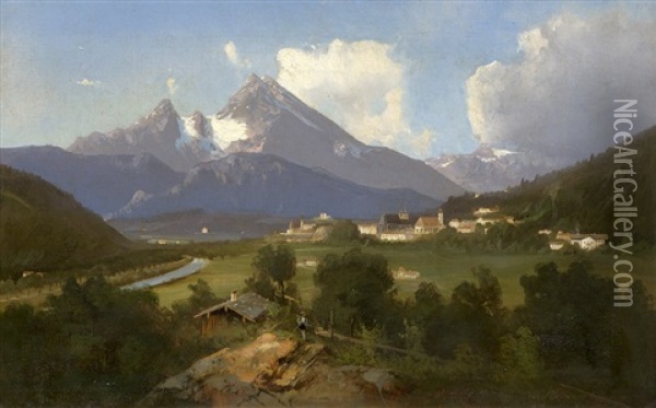 Ansicht Von Berchtesgaden Mit Watzmann Und Hochkalter Oil Painting - Friedrich Zahn