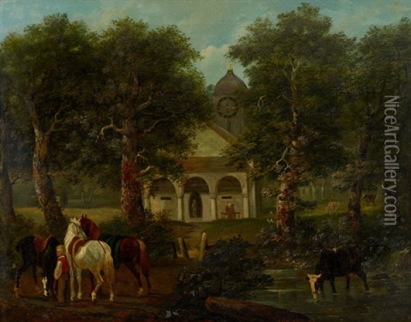 Landschaft Mit Kirche Und Kuhen Oil Painting - Johann Rudolf Koller