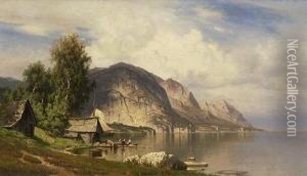 Fjordlandschaft Mit
 Fischerhutten. Oil Painting - Hugo Knorr