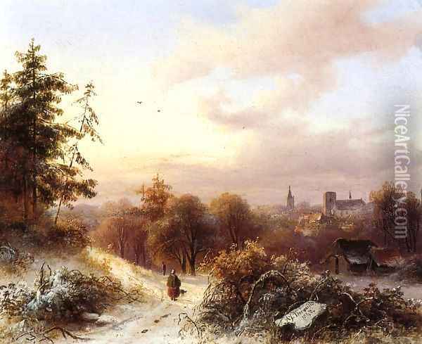 Winter A Peasant on a Path in a Wooded Landscape a Town in the Background Oil Painting - Alexander Joseph Daiwaille