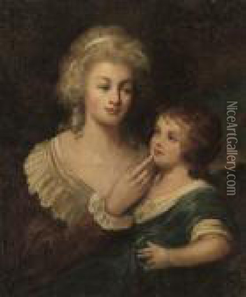 Portrait Of A Mother And Child, 
Half-length, The Former In A Reddress, The Latter In A Blue Dress, In A 
Landscape Oil Painting - Sir William Beechey