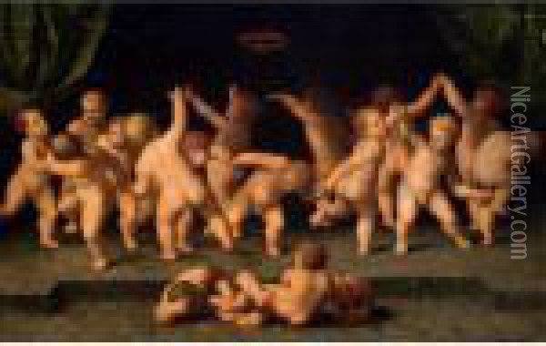 Putti Dancing Between Draped Green Curtains Oil Painting - Raphael (Raffaello Sanzio of Urbino)