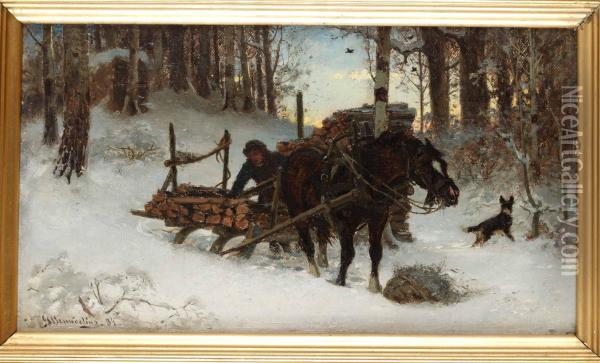 Vinterlandskap Med Timmerkorare Och Hund Oil Painting - Gustaf Brandelius