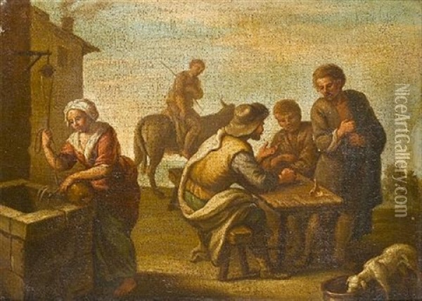 A Village With Men Seated At A Table, A Woman At A Well And A Man On A Donkey Oil Painting - Giovanni Michele Graneri