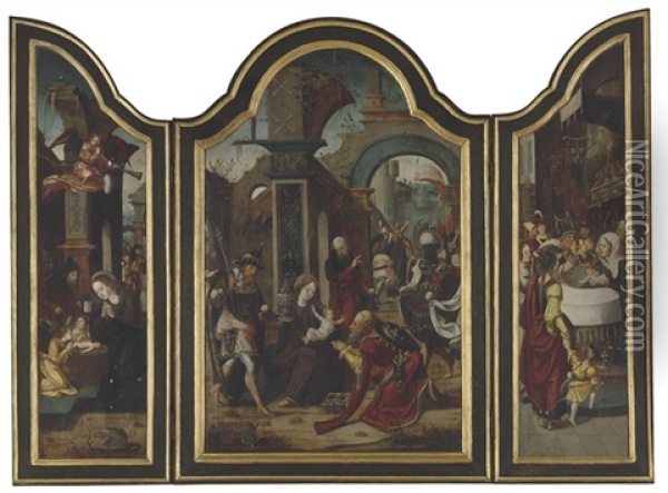 The Adoration Of The Magi; The Adoration Of The Shepherds; The Presentation In The Temple (triptych) Oil Painting - Pieter Coecke van Aelst the Elder