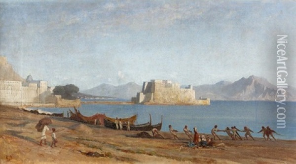 Fischer Bei Neapel Mit Blick Auf Das Castel Dell'ovo Oil Painting - Rodolphe Leon Berthoud