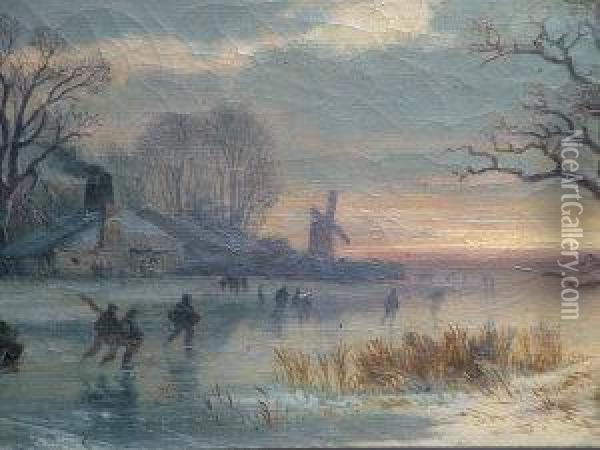 Figures On A Frozen Winter River Landscape Oil Painting - Julius Bayer