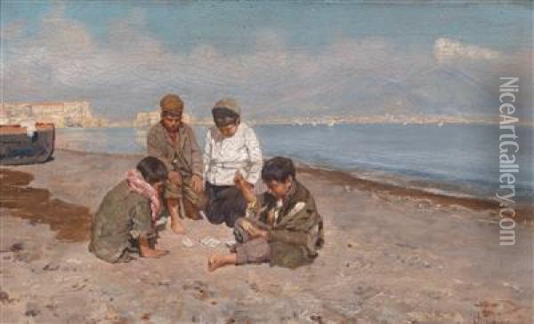 Boys Playing Cards In The Gulf Of Naples Oil Painting - Giuseppe Giardiello