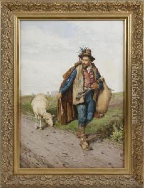 Bagpiper W/sheep Oil Painting - Filippo Indoni