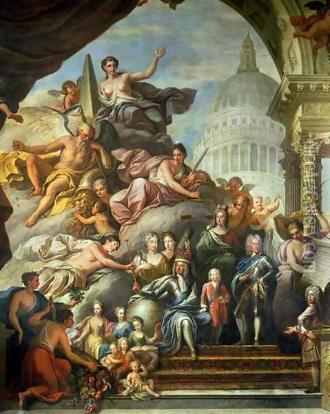 Rear wall painting of the Upper Hall glorifying George I 1660-1727 and the House of Hanover, 1718-24 Oil Painting - Sir James Thornhill