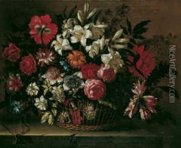 Ein Blumenarrangement In Einem Korb Auf Einer Steinplatte. Oil Painting - Bartolome Perez