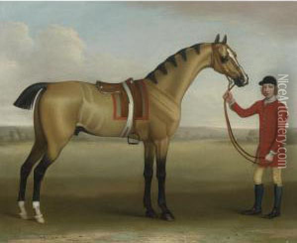 Cato, A Bay Racehorse, With A Groom In A Landscape Oil Painting - James Seymour